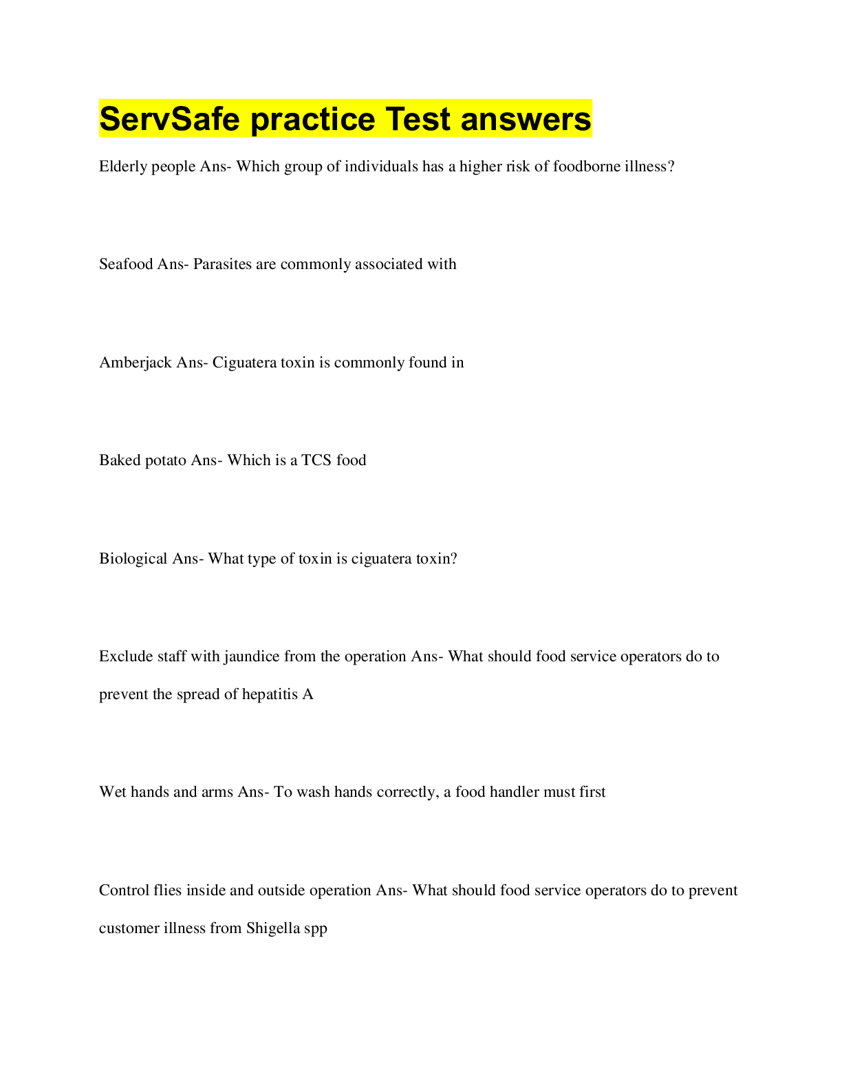 Preview image for ServSafe practice Test answers